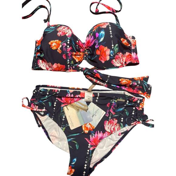 Sunseeker Australia Bikini Top Size D - Bottom Size 10 Floral Drawstring Side - Picture 1 of 12